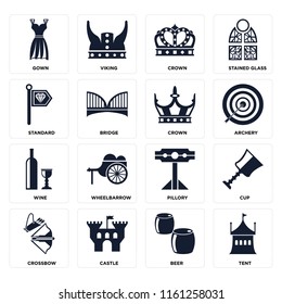 Set Of 16 icons such as Tent, Beer, Castle, Crossbow, Cup, Gown, Standard, Wine, Crown, web UI editable icon pack, pixel perfect