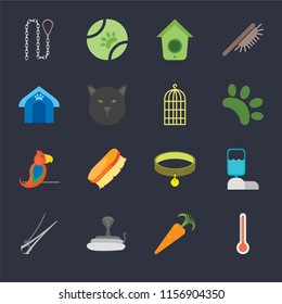 Set Of 16 icons such as Thermometer, Carrot, Snake, Nail trimmer, Water tank, Leash, Pet house, Parrot, Bird cage on black background, web UI editable icon pack