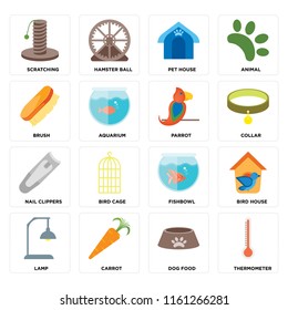 Set Of 16 icons such as Thermometer, Dog food, Carrot, Lamp, Bird house, Scratching, Brush, Nail clippers, Parrot, web UI editable icon pack, pixel perfect