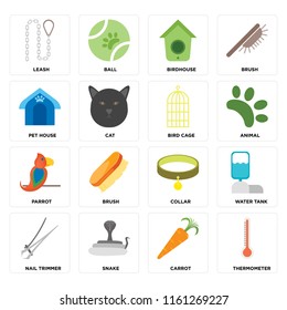Set Of 16 icons such as Thermometer, Carrot, Snake, Nail trimmer, Water tank, Leash, Pet house, Parrot, Bird cage, web UI editable icon pack, pixel perfect