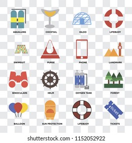 Set Of 16 icons such as Tickets, Lifebuoy, Sun protection, Balloon, Forest, Aqualung, Swimsuit, Binoculars, Phone on transparent background, pixel perfect