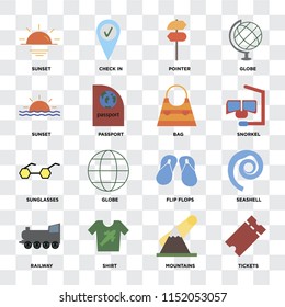 Set Of 16 icons such as Tickets, Mountains, Shirt, Railway, Seashell, Sunset, Sunglasses, Bag on transparent background, pixel perfect