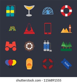 Set Of 16 icons such as Tickets, Lifebuoy, Sun protection, Balloon, Forest, Aqualung, Swimsuit, Binoculars, Phone on black background, web UI editable icon pack