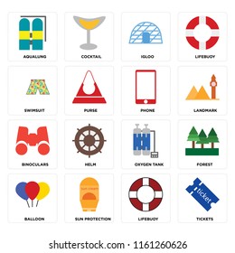 Set Of 16 icons such as Tickets, Lifebuoy, Sun protection, Balloon, Forest, Aqualung, Swimsuit, Binoculars, Phone, web UI editable icon pack, pixel perfect