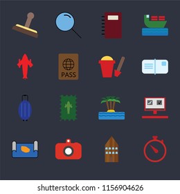 Set Of 16 icons such as Time, Hotel, Camera, Map, Booking, Stamp, Airplane, Luggage, Sand bucket on black background, web UI editable icon pack