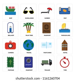 Set Of 16 icons such as Time, Trailer, Passport, Postage, Hotel, Ship, Bellhop, Camera, web UI editable icon pack, pixel perfect