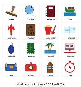 Set Of 16 icons such as Time, Hotel, Camera, Map, Booking, Stamp, Airplane, Luggage, Sand bucket, web UI editable icon pack, pixel perfect