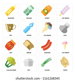 Set Of 16 icons such as Toast, Chives, Pot, Cauliflower, Ice cream, Mustard, Tea, Jam, web UI editable icon pack, pixel perfect