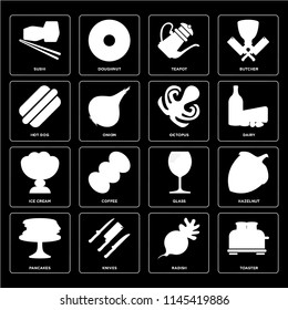 Set Of 16 icons such as Toaster, Radish, Knives, Pancakes, Hazelnut, Sushi, Hot dog, Ice cream, Octopus, web UI editable icon pack, pixel perfect