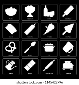 Set Of 16 icons such as Toaster, Rolling pin, Biscuit, Teapot, Mug, Pasta, Bread, Pretzel, Grinder, web UI editable icon pack, pixel perfect