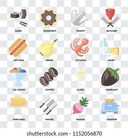 Set Of 16 icons such as Toaster, Radish, Knives, Pancakes, Hazelnut, Sushi, Hot dog, Ice cream, Octopus on transparent background, pixel perfect