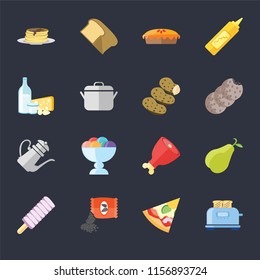 Set Of 16 icons such as Toaster, Pizza, Seeds, Ice cream, Pear, Pancakes, Dairy, Teapot, Potatoes on black background, web UI editable icon pack