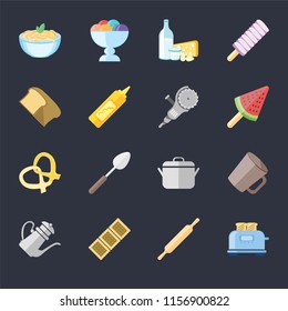 Set Of 16 icons such as Toaster, Rolling pin, Biscuit, Teapot, Mug, Pasta, Bread, Pretzel, Grinder on black background, web UI editable icon pack
