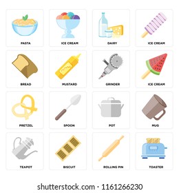 Set Of 16 icons such as Toaster, Rolling pin, Biscuit, Teapot, Mug, Pasta, Bread, Pretzel, Grinder, web UI editable icon pack, pixel perfect