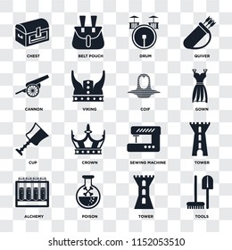 Set Of 16 icons such as Tools, Tower, Poison, Alchemy, Chest, Cannon, Cup, Coif on transparent background, pixel perfect