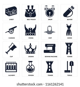 Set Of 16 icons such as Tools, Tower, Poison, Alchemy, Chest, Cannon, Cup, Coif, web UI editable icon pack, pixel perfect