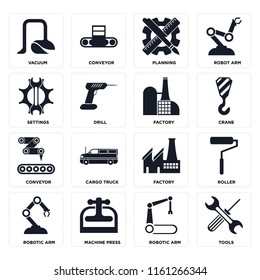 Set Of 16 icons such as Tools, Robotic arm, Machine press, Roller, Vacuum, Settings, Conveyor, Factory, web UI editable icon pack, pixel perfect