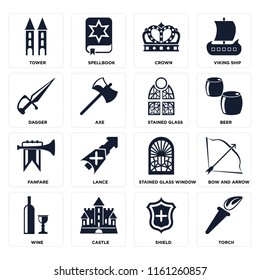 Set Of 16 icons such as Torch, Shield, Castle, Wine, Bow and arrow, Tower, Dagger, Fanfare, Stained glass, web UI editable icon pack, pixel perfect