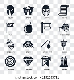 Set Of 16 icons such as Tower, Trumpet, Jewelry, Archery, Banner, Helmet, Flag, Crossbow,  on transparent background, pixel perfect