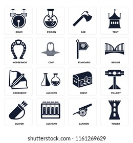 Set Of 16 icons such as Tower, Cannon, Alchemy, Quiver, Pillory, Drum, Horseshoe, Crossbow, Standard, web UI editable icon pack, pixel perfect