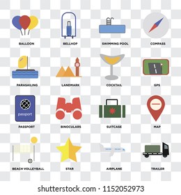 Set Of 16 icons such as Trailer, Airplane, Star, Beach volleyball, Map, Balloon, Parasailing, Passport, Cocktail on transparent background, pixel perfect