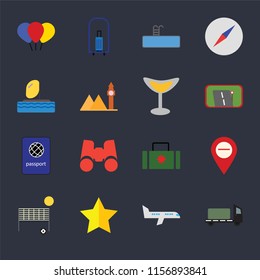 Set Of 16 icons such as Trailer, Airplane, Star, Beach volleyball, Map, Balloon, Parasailing, Passport, Cocktail on black background, web UI editable icon pack