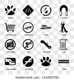 Set Of 16 icons such as Train, Pet, No smoking, Card payment, List, pets, Shopping cart, camera, Coins on transparent background, pixel perfect