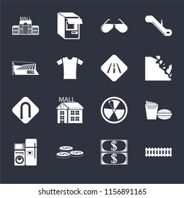 Set Of 16 icons such as Train, Money, Coins, Electrical appliances, Fast food, Mall, Turn, Road on black background, web UI editable icon pack