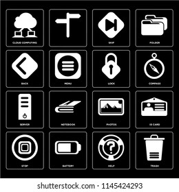Set Of 16 icons such as Trash, Help, Battery, Stop, Id card, Cloud computing, Back, Server, Lock, web UI editable icon pack, pixel perfect