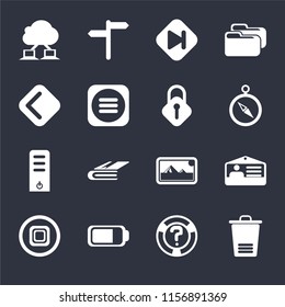 Set Of 16 icons such as Trash, Help, Battery, Stop, Id card, Cloud computing, Back, Server, Lock on black background, web UI editable icon pack