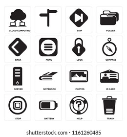Set Of 16 icons such as Trash, Help, Battery, Stop, Id card, Cloud computing, Back, Server, Lock, web UI editable icon pack, pixel perfect