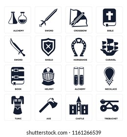 Set Of 16 icons such as Trebuchet, Castle, Axe, Tunic, Necklace, Alchemy, Sword, Book, Horseshoe, web UI editable icon pack, pixel perfect