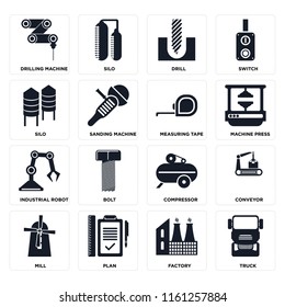 Set Of 16 icons such as Truck, Factory, Plan, Mill, Conveyor, Drilling machine, Silo, Industrial robot, Measuring tape, web UI editable icon pack, pixel perfect