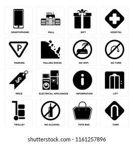 Set Of 16 icons such as Turn, Tote bag, No alcohol, Trolley, Lift, Smarthphone, Parking, Price, wifi, web UI editable icon pack, pixel perfect