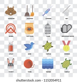 Set Of 16 icons such as Turtle, Water, Yarn, Rabbit, Winner, Hamster, Wheel, Spray, Cage on transparent background, pixel perfect