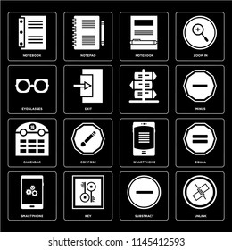 Set Of 16 icons such as Unlink, Substract, Key, Smartphone, Equal, Notebook, Eyeglasses, Calendar, , web UI editable icon pack, pixel perfect