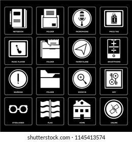 Set Of 16 icons such as Unlink, Home, Flag, Eyeglasses, Key, Notebook, Music player, Warning, Paper plane, web UI editable icon pack, pixel perfect