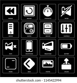 Set Of 16 icons such as Upload, Photos, Back, Frame, Battery, Rewind, Server, Mute, Archive, web UI editable icon pack, pixel perfect