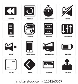 Set Of 16 icons such as Upload, Photos, Back, Frame, Battery, Rewind, Server, Mute, Archive, web UI editable icon pack, pixel perfect