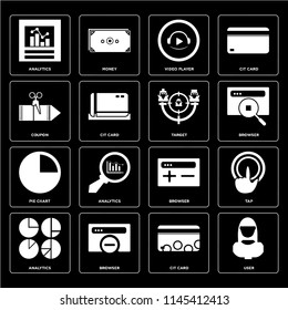 Set Of 16 icons such as User, Cit card, Browser, Analytics, Tap, Coupon, Pie chart, Target, web UI editable icon pack, pixel perfect