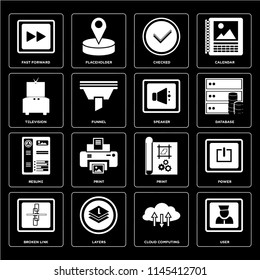 Set Of 16 icons such as User, Cloud computing, Layers, Broken link, Power, Fast forward, Television, Resume, Speaker, web UI editable icon pack, pixel perfect