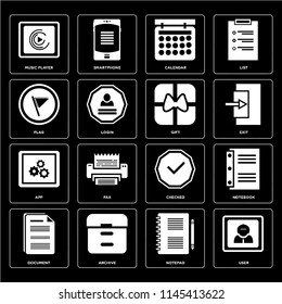 Set Of 16 icons such as User, Notepad, Archive, Document, Notebook, Music player, Flag, App, Gift, web UI editable icon pack, pixel perfect