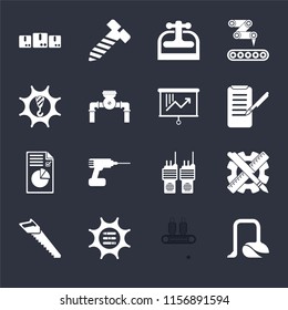 Set Of 16 icons such as Vacuum, Conveyor, Options, Saw, Planning, Packages, Machinery, Plan, Planning on black background, web UI editable icon pack