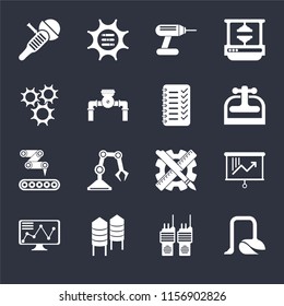 Set Of 16 icons such as Vacuum, Walkie talkie, Silo, Stock, Planning, Sanding machine, Cogwheel, Conveyor, Planning on black background, web UI editable icon pack