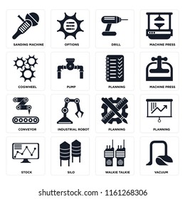 Set Of 16 icons such as Vacuum, Walkie talkie, Silo, Stock, Planning, Sanding machine, Cogwheel, Conveyor, web UI editable icon pack, pixel perfect