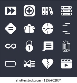 Set Of 16 icons such as Video player, Dislike, Speaker, Battery, Fingerprint, Fast forward, Equal, Infinity, Clock on black background, web UI editable icon pack