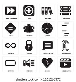 Set Of 16 icons such as Video player, Dislike, Speaker, Battery, Fingerprint, Fast forward, Equal, Infinity, Clock, web UI editable icon pack, pixel perfect