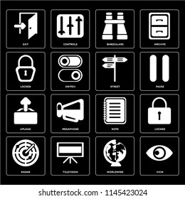 Set Of 16 icons such as View, Worldwide, Television, Radar, Locked, Exit, Upload, Street, web UI editable icon pack, pixel perfect