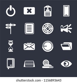 Set Of 16 icons such as View, Wireless internet, Calendar, Notebook, Folder, Switch, Street, Hourglass, Radar on black background, web UI editable icon pack