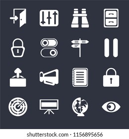 Set Of 16 icons such as View, Worldwide, Television, Radar, Locked, Exit, Upload, Street on black background, web UI editable icon pack